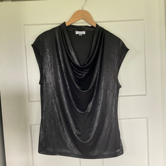 Calvin Klein Black Metallic Shimmer Cowl Drape Neck Stretch Top Blouse - Picture 4 of 9